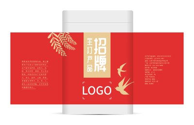 红色健康食品燕麦包装瓶贴设计